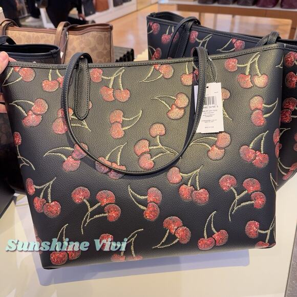NWT Coach City Tote Bag With Cherry Print CCZ18 Gold/Black Multi - Picture 7 of 7